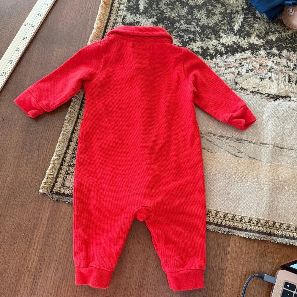 Ralph Lauren Baby Red Polo Romper 3M Embroidered‎ Pony Long Sleeve